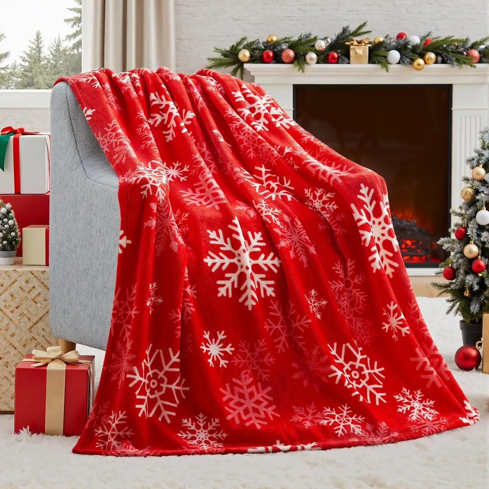 Soft flannel plush Christmas blanket in polyester fibre, showing American style and available in multiple sizes.