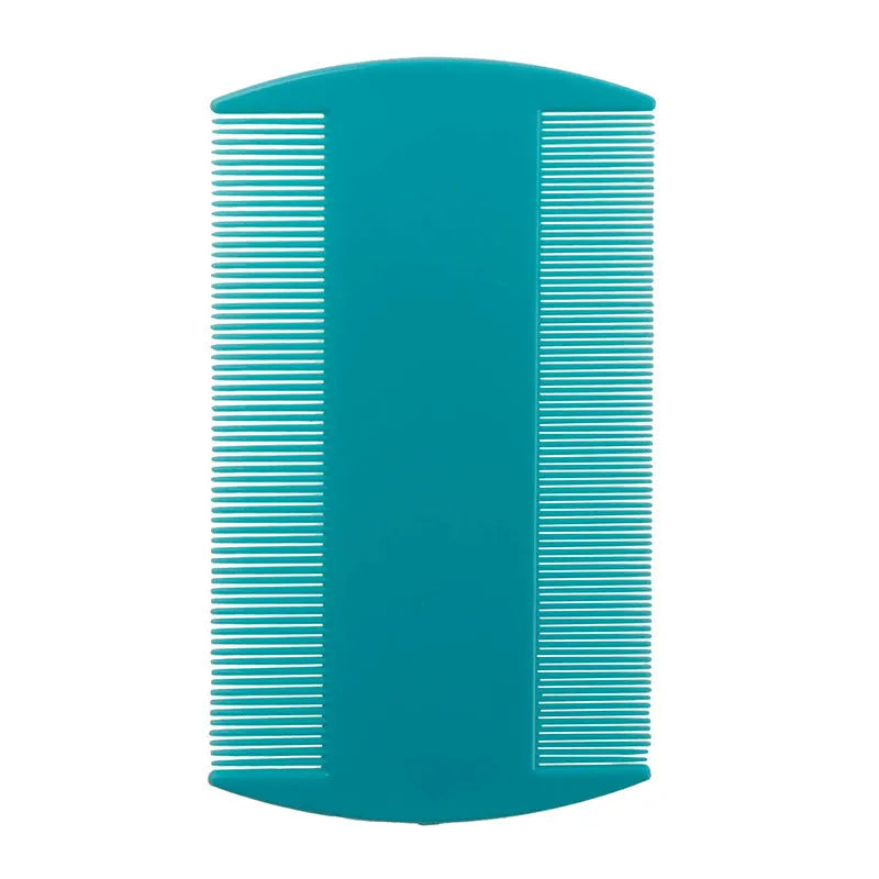 Double-edged fine-toothed plastic flea and lice comb measuring 8cm by 7.5cm