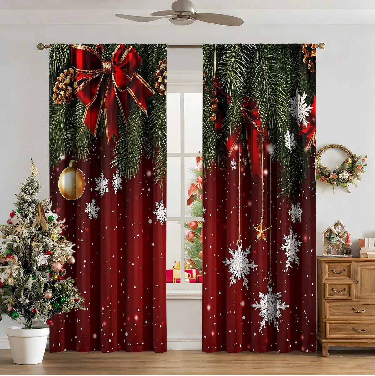 A pair of 3D digitally printed Christmas curtains with a modern festive pattern, hung on a window.