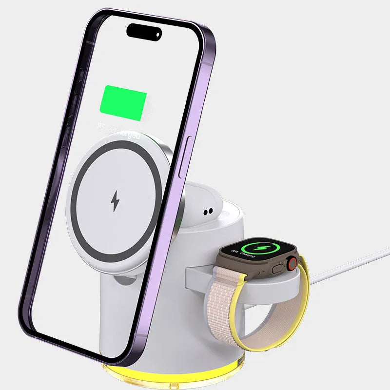 C16 Magnetic Three-in-one Wireless Folding Charger in Black or Ivory White, shown open for charging and folded for portability.