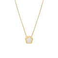 White mother of pearl flower pendant necklace on a gold-coloured chain for women.