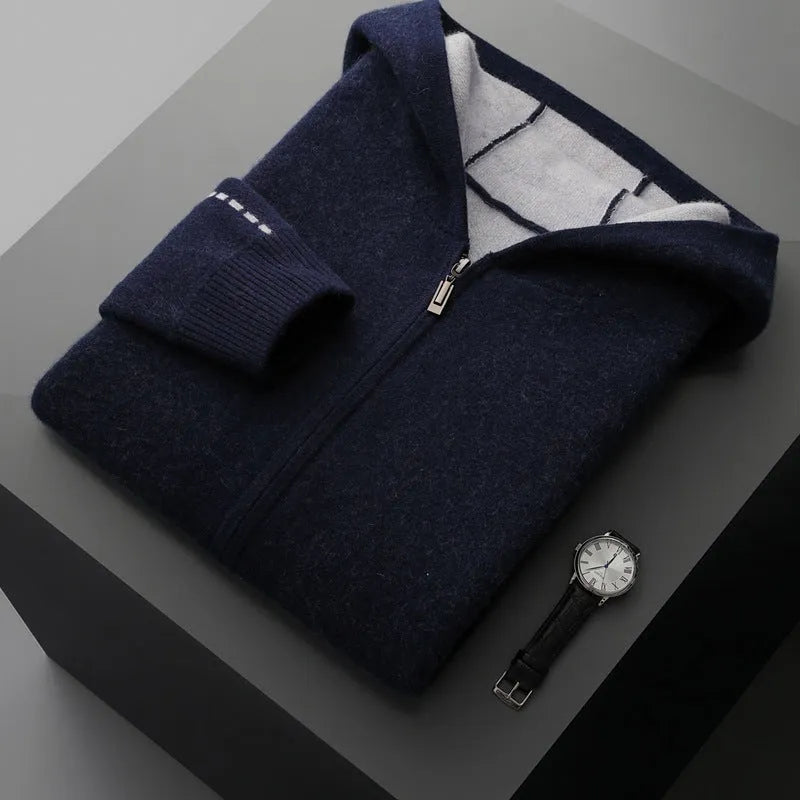 Men's dark blue cashmere half-high collar zipper cardigan sweater with long sleeves
