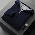 Men's dark blue cashmere half-high collar zipper cardigan sweater with long sleeves