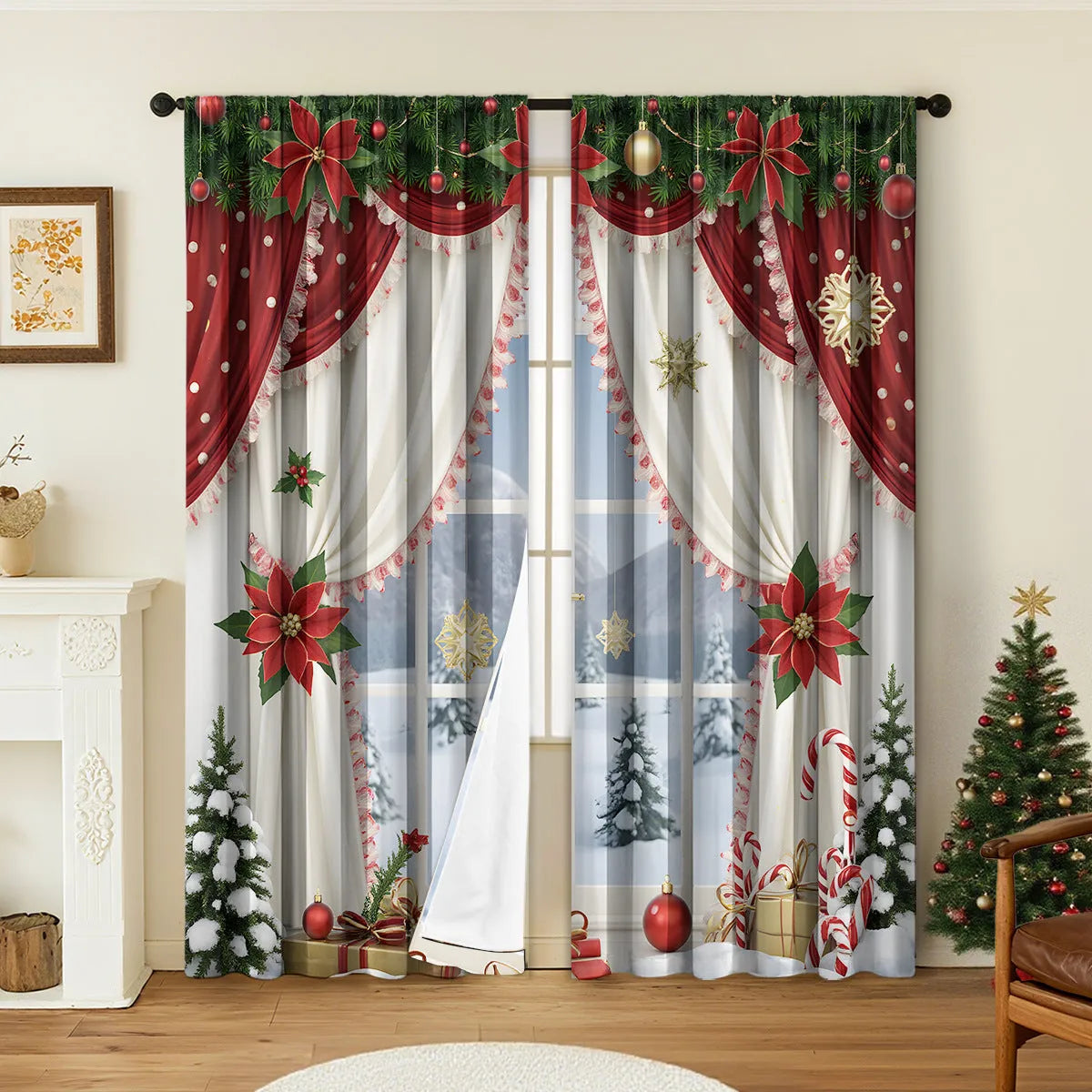 A pair of 3D digitally printed Christmas-themed curtains made from polyester fabric.