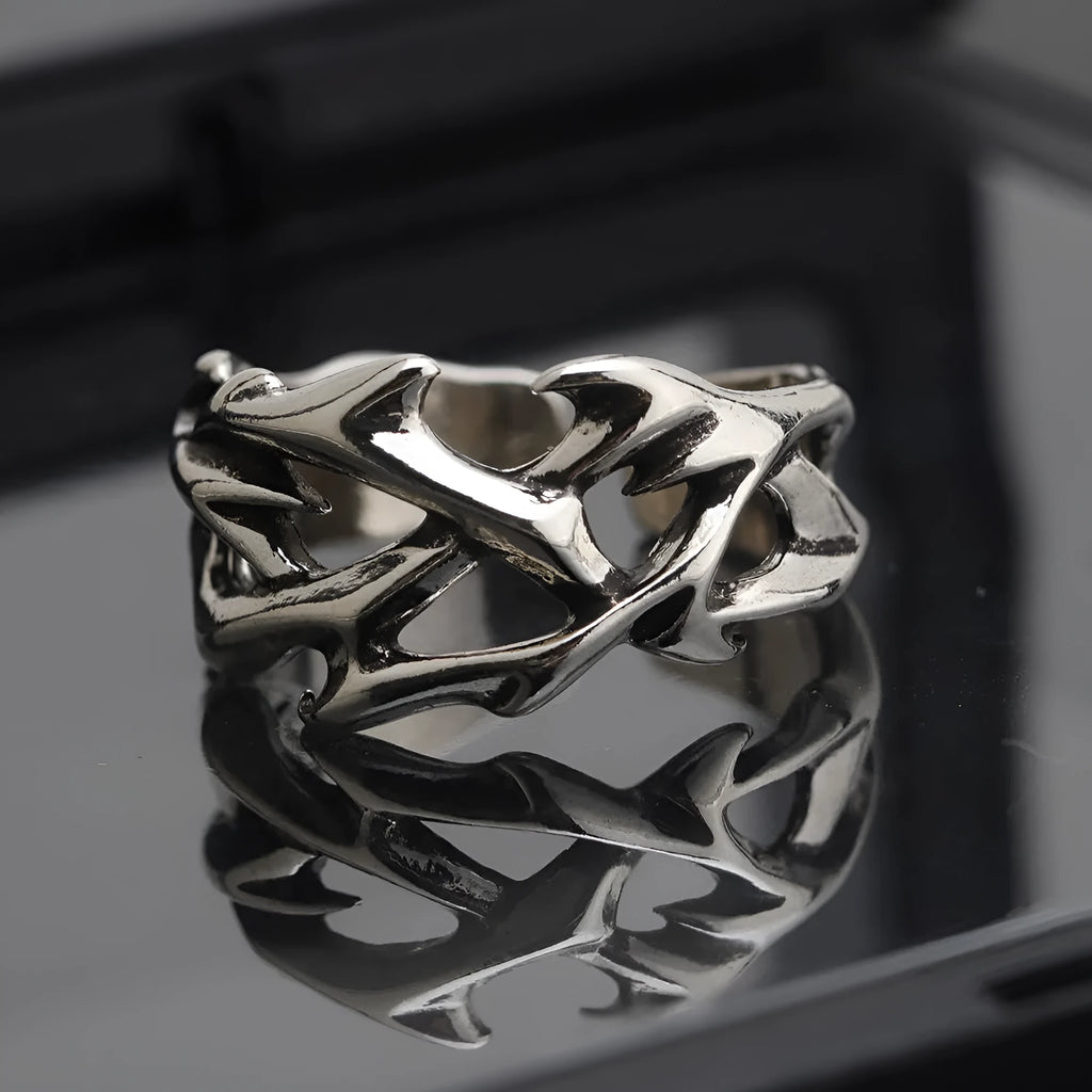 Copper thorn flower ring with geometric design and adjustable opening for unisex wear