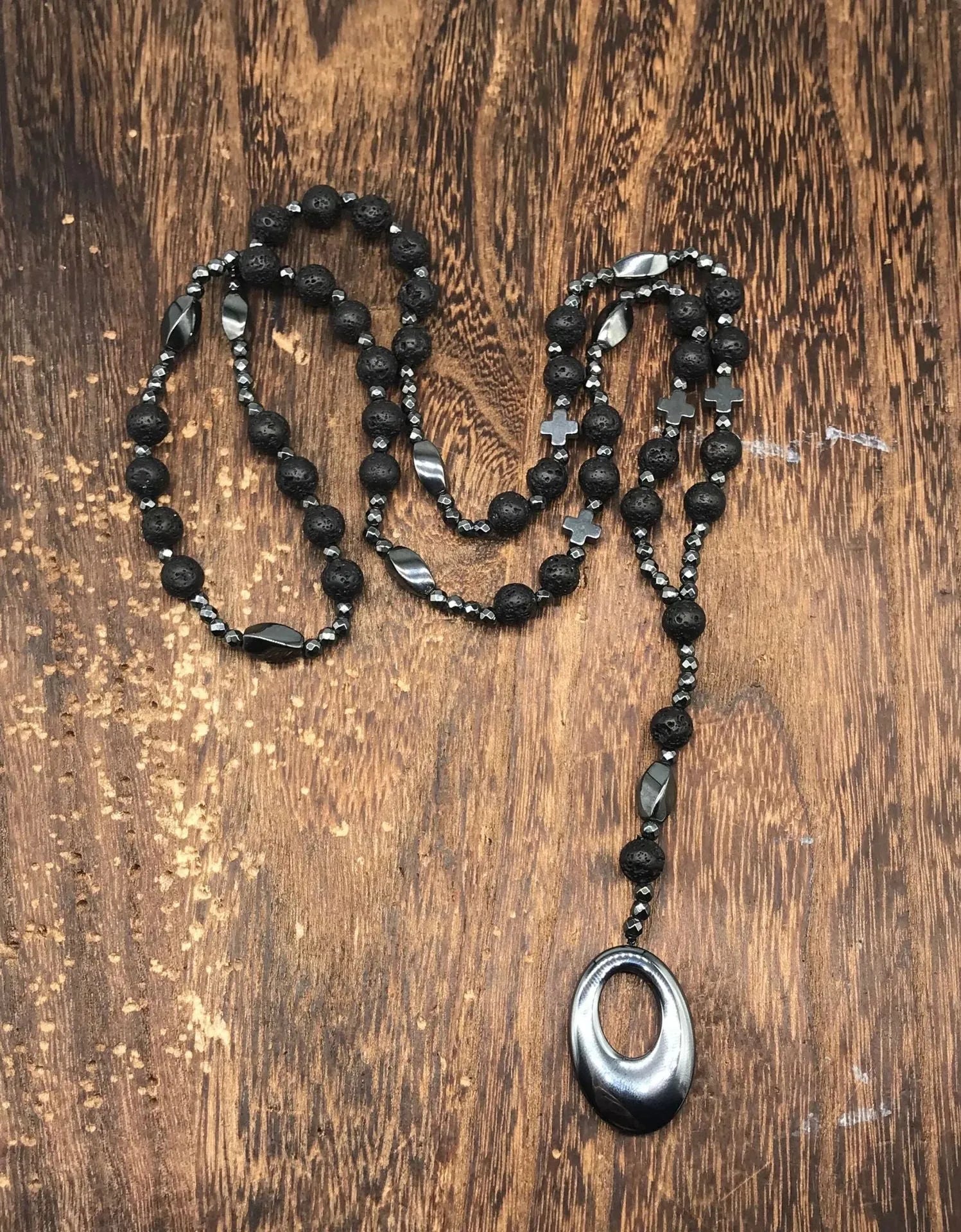 Men's stone cross pendant necklace on an 80cm ball bead chain with a safety lock.
