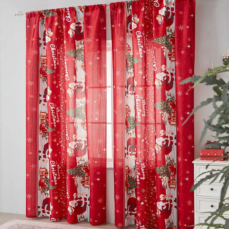 American-style rectangular Christmas printed polyester curtain showing red plaid design with semi-sunshade function