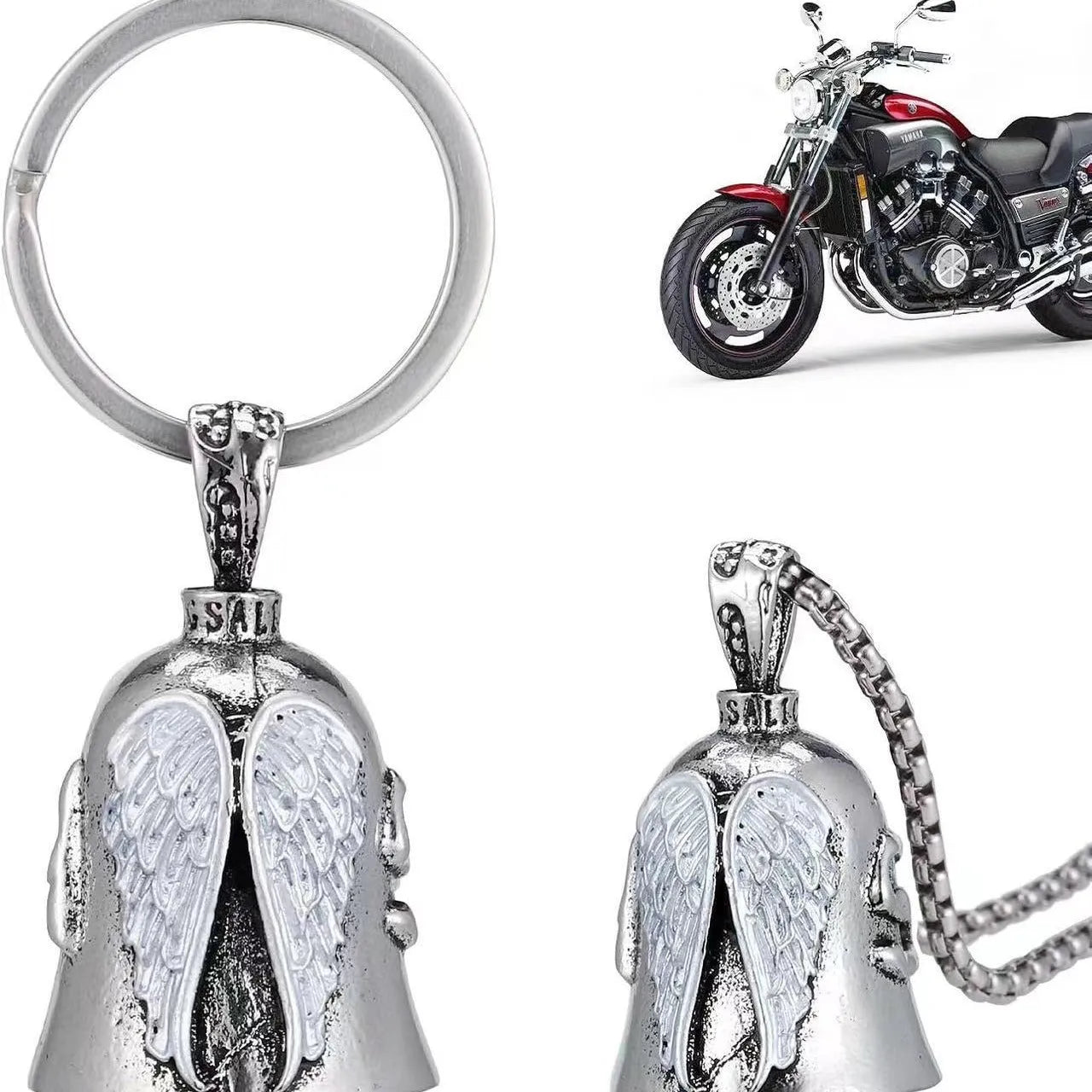 Vintage white angel feather alloy keychain and necklace set with electroplated finish.