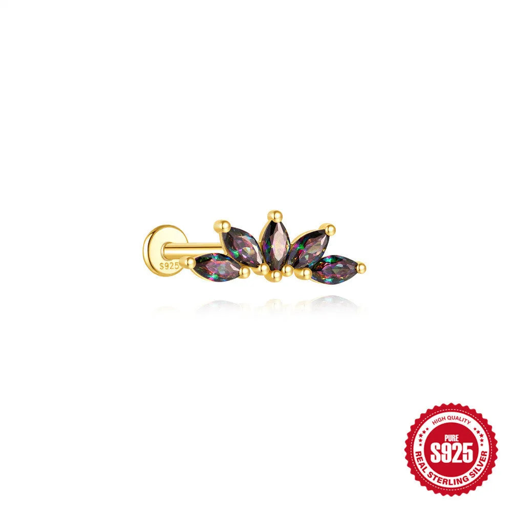 S925 sterling silver flat head thread piercing earring with a rainbow stone in a geometric shape.