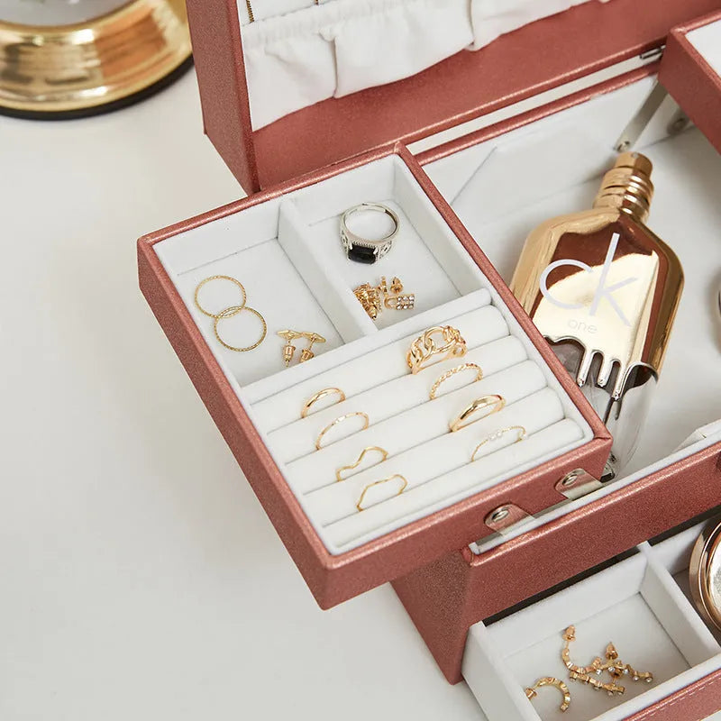 PU leather jewellery storage box in black, pink, rose gold, or beige with hard construction