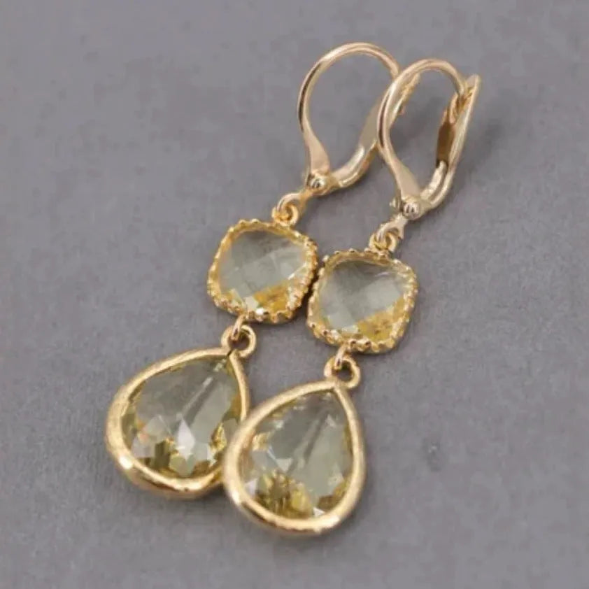 Gold geometric long fringe earrings with crystal water droplets on a retro copper base