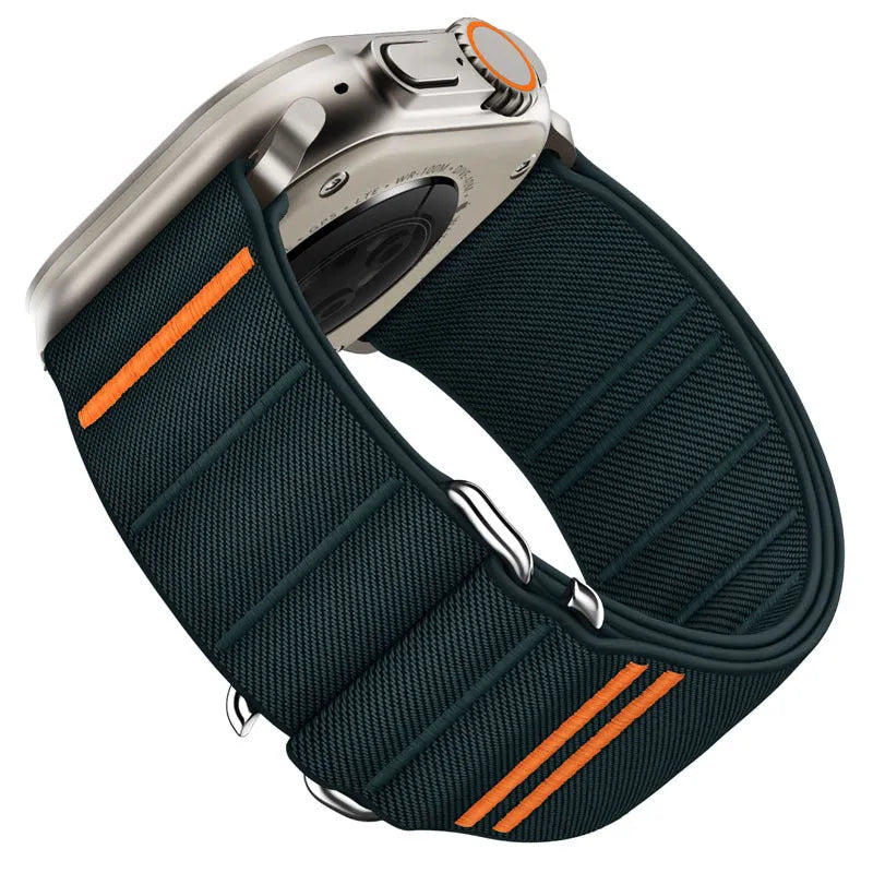 Elastic nylon Apple Watch replacement band with stainless steel buckle shown in multiple colour options.