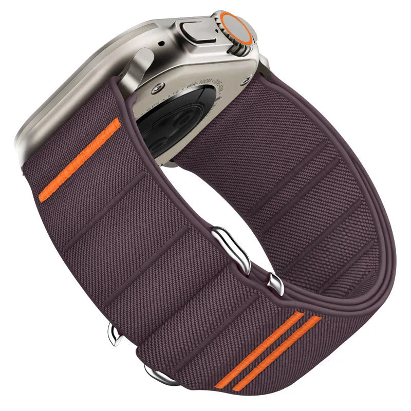 Elastic nylon Apple Watch replacement band with stainless steel buckle shown in multiple colour options.