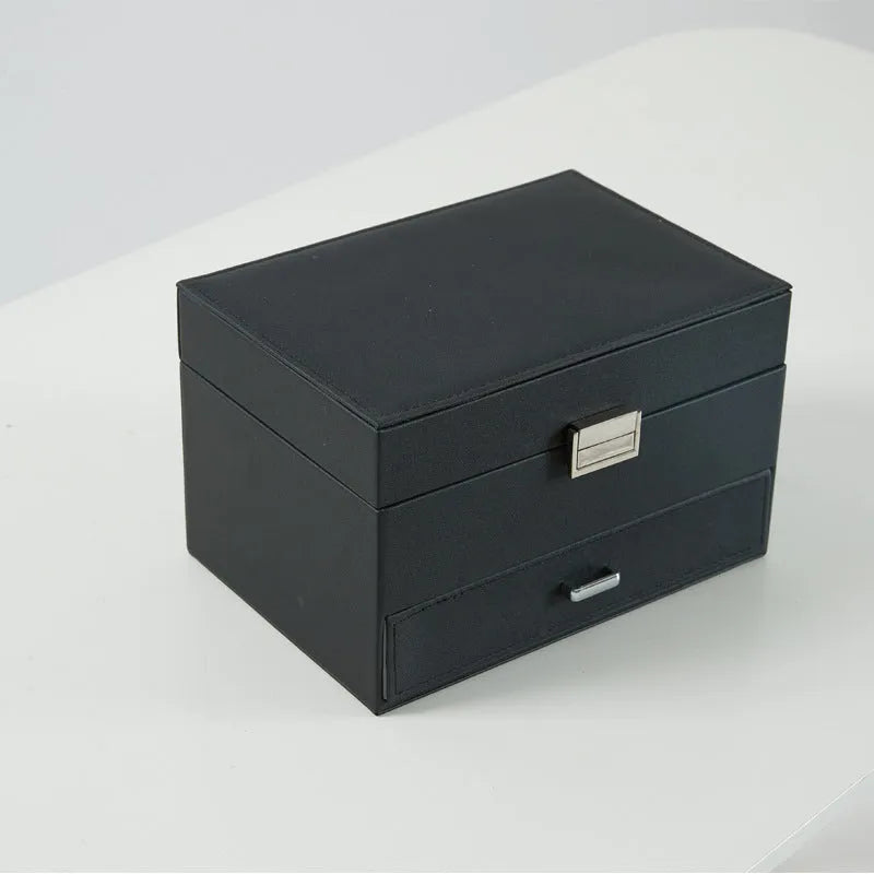 PU leather jewellery storage box in black, pink, rose gold, or beige with hard construction