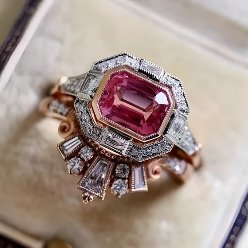 Rose gold geometric women's fashion ring with ruby-style detail in retro design.