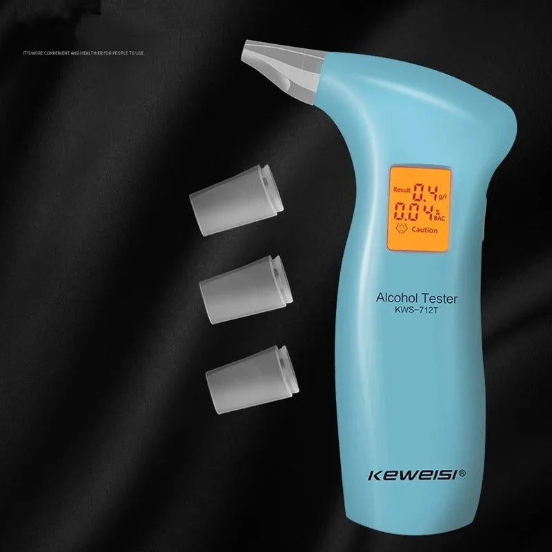 Portable orange light breath alcohol tester with replaceable mouthpieces on orange colour box