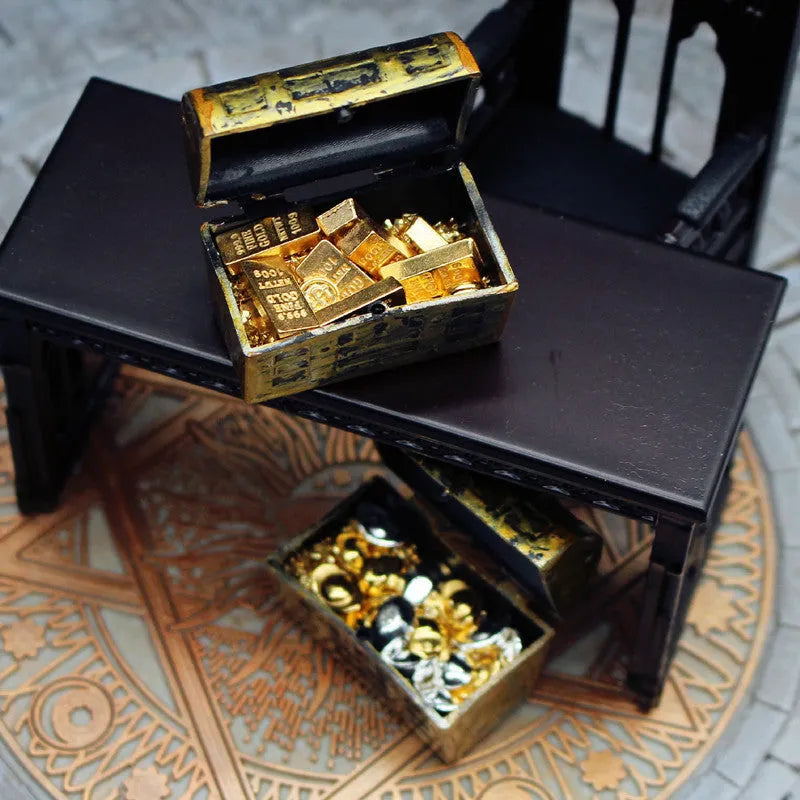 Alloy treasure box doll house accessories with gold coins and bars miniature ornaments
