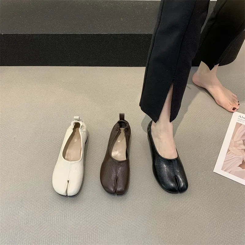 Women's split toe horseshoe design low chunky heel pumps in black, apricot, and brown colours
