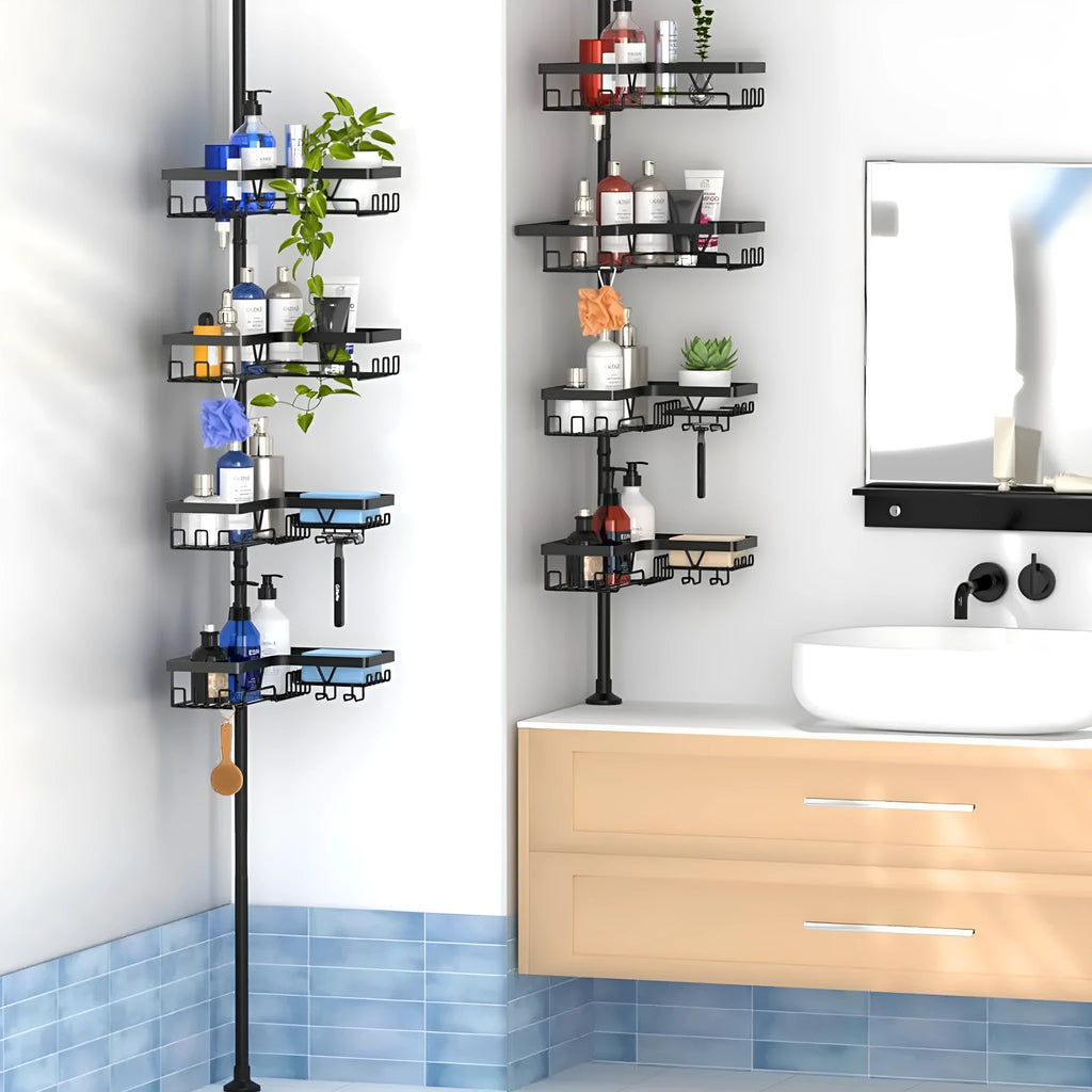 Retractable stainless steel bathroom storage rack with four layers and hole-free installation