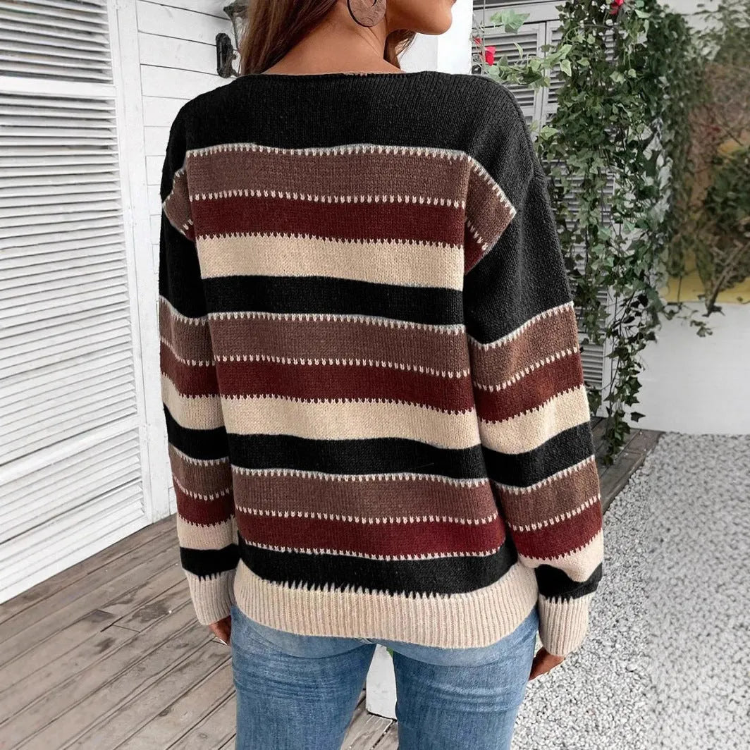 Women's colourblock striped long sleeve pullover sweater in polyester.