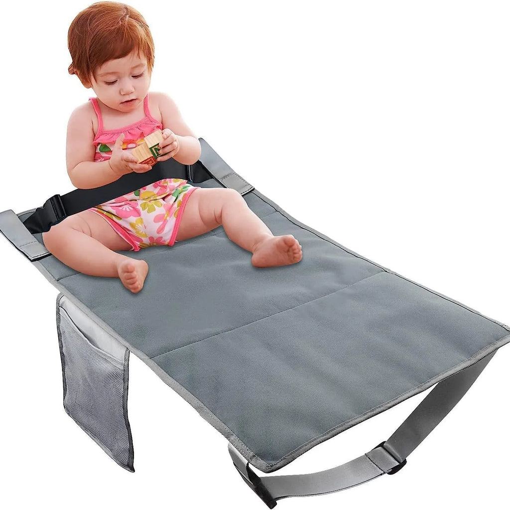 Portable children's aircraft pedal seat extender with drawstring storage pocket