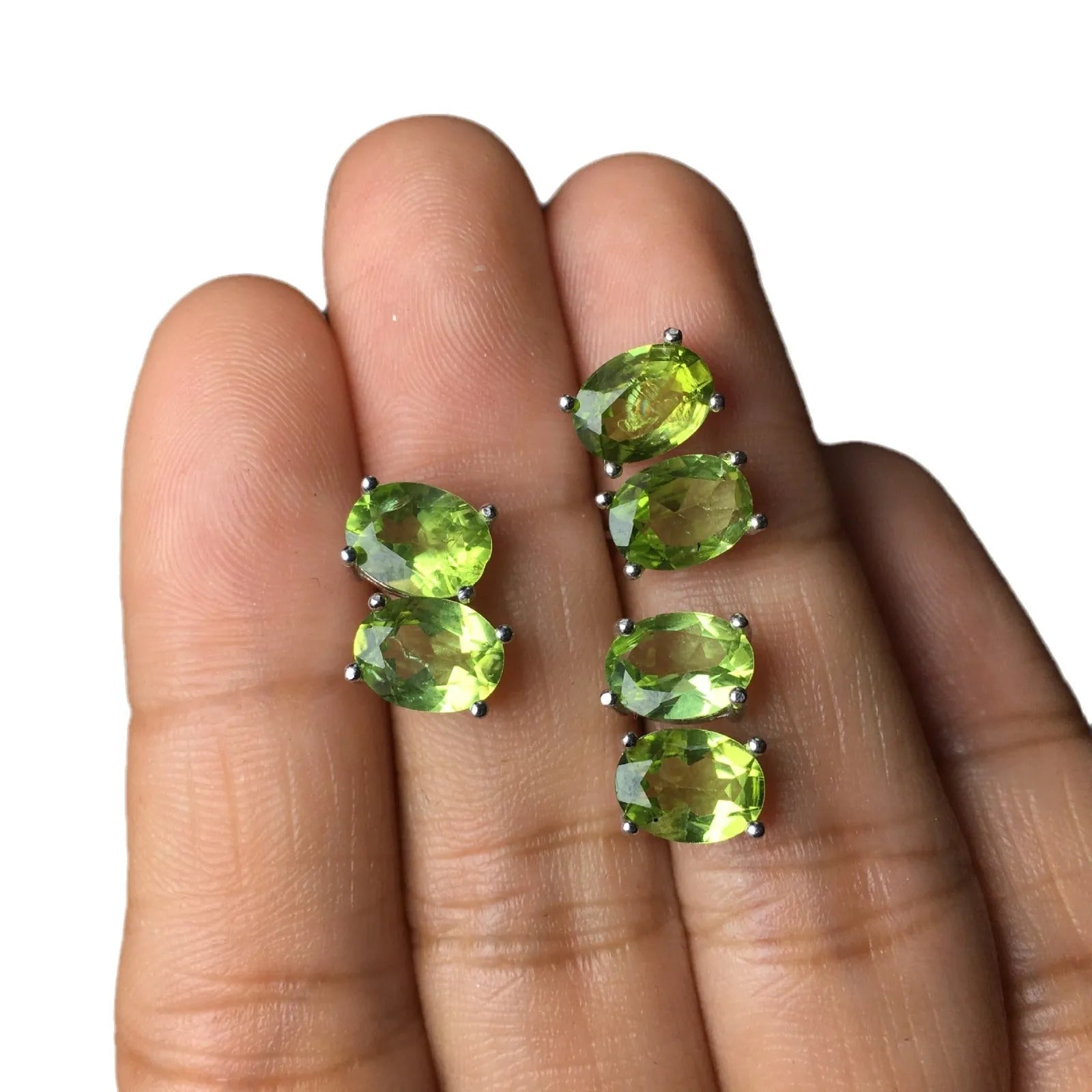 Natural olivine faceted stud earrings in S925 silver with grass green 6×8mm stone