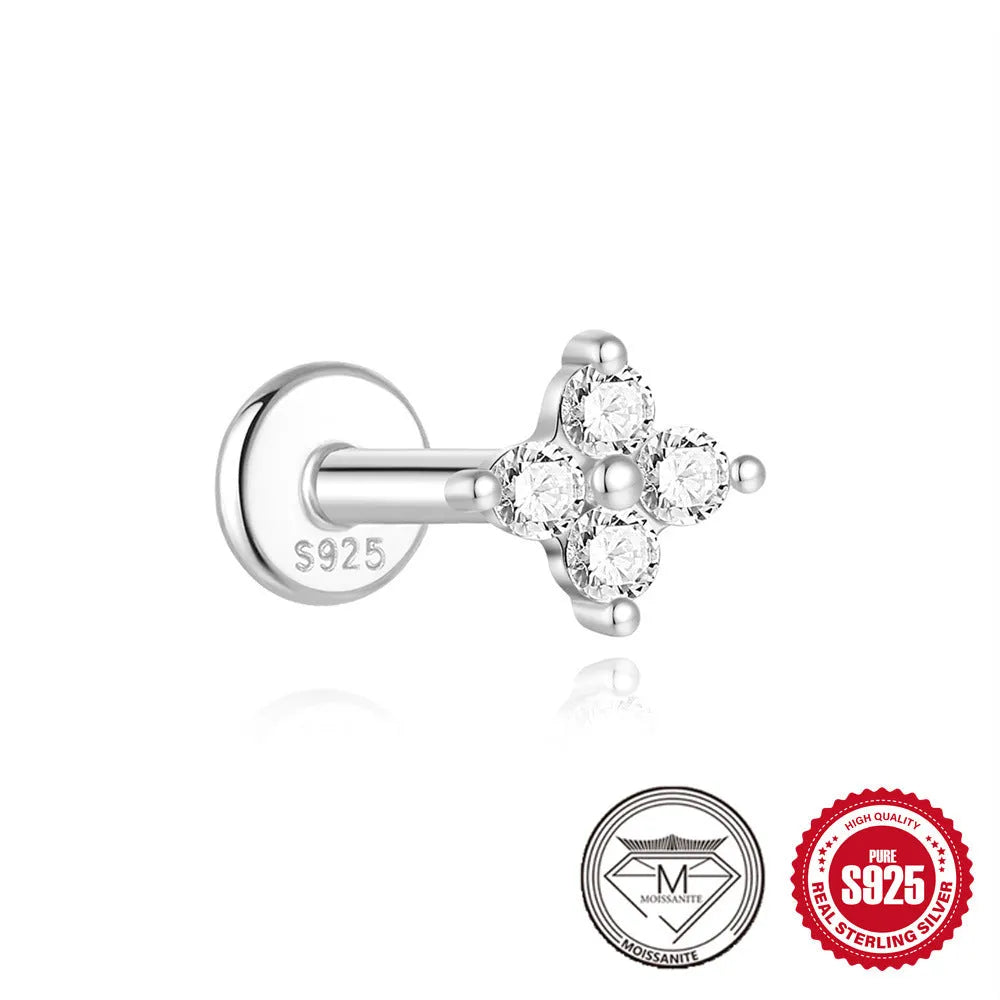 S925 sterling silver geometric stud earrings with petal diamond design, showing triangle and flower shapes.