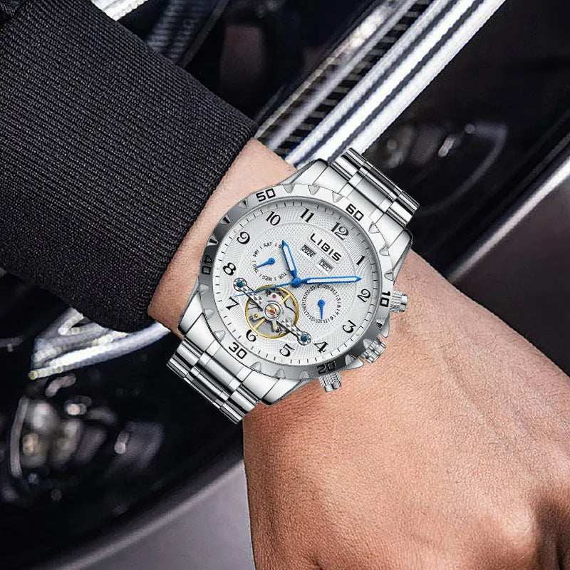 Men's silver stainless steel automatic perpetual calendar mechanical watch with sapphire crystal