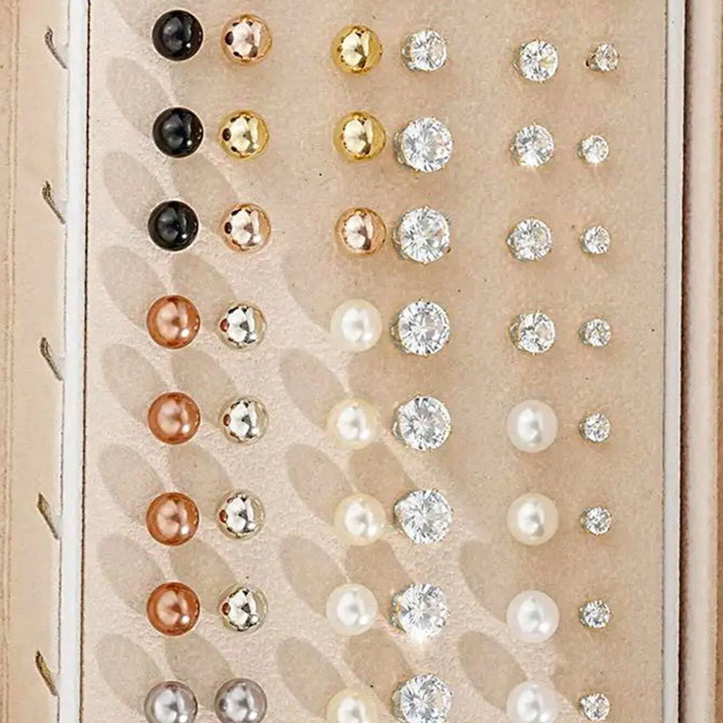 108 gold and yellow geometric alloy pearl earrings arranged in a set.