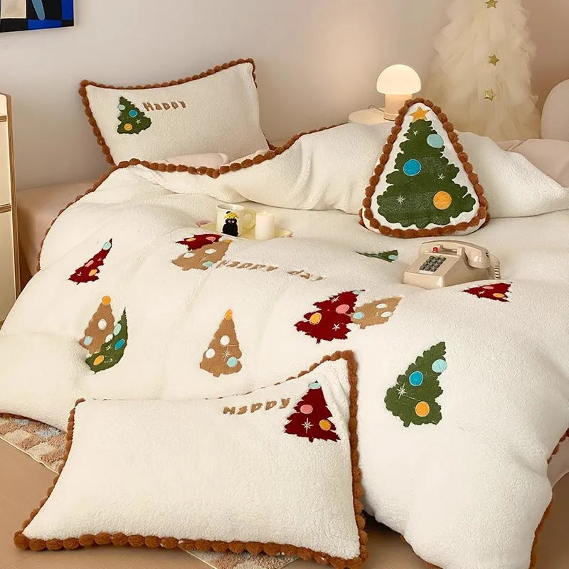 Bright yellow fleece-lined cartoon animation Christmas bedding four-piece set on a bed