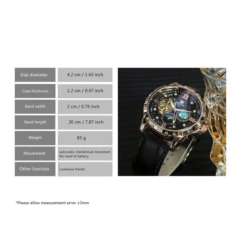 Men's black and rose gold automatic mechanical watch with hollow skeleton dial visible