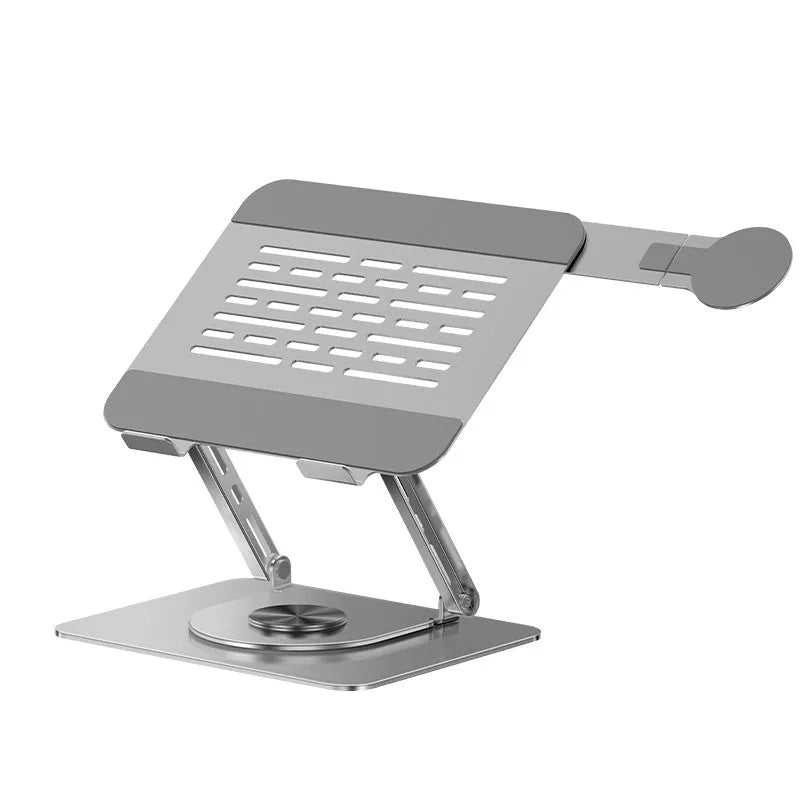 Silver carbon steel laptop stand with 360-degree rotation and side-mounted magnetic phone holder