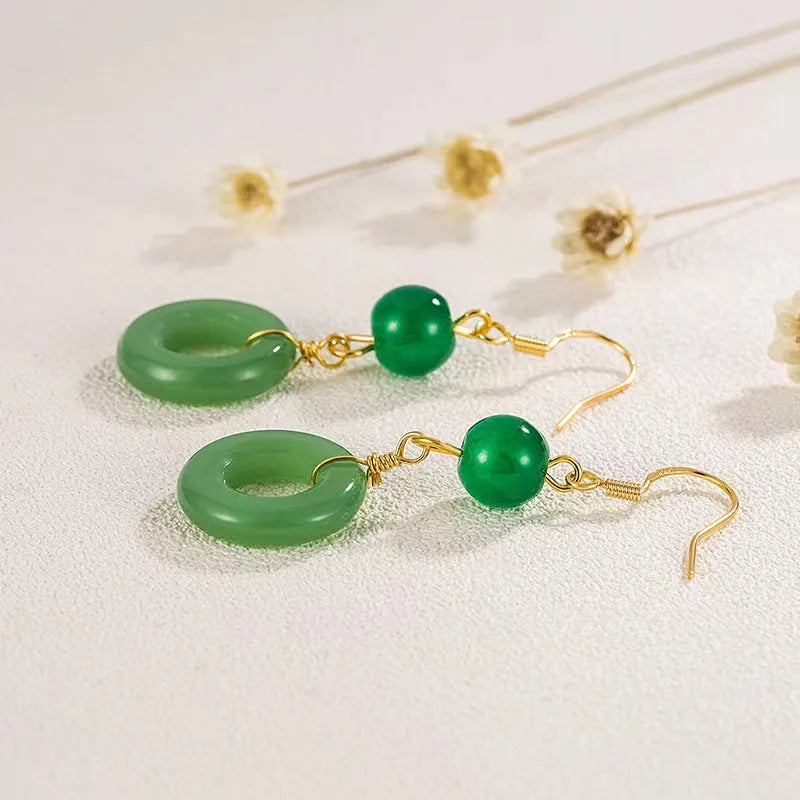 Green Chinese style cheongsam peace buckle design geometric earrings with zinc alloy construction