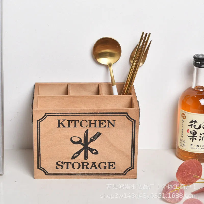 Wooden kitchen storage box with grid divider for knives, forks and chopsticks organisation