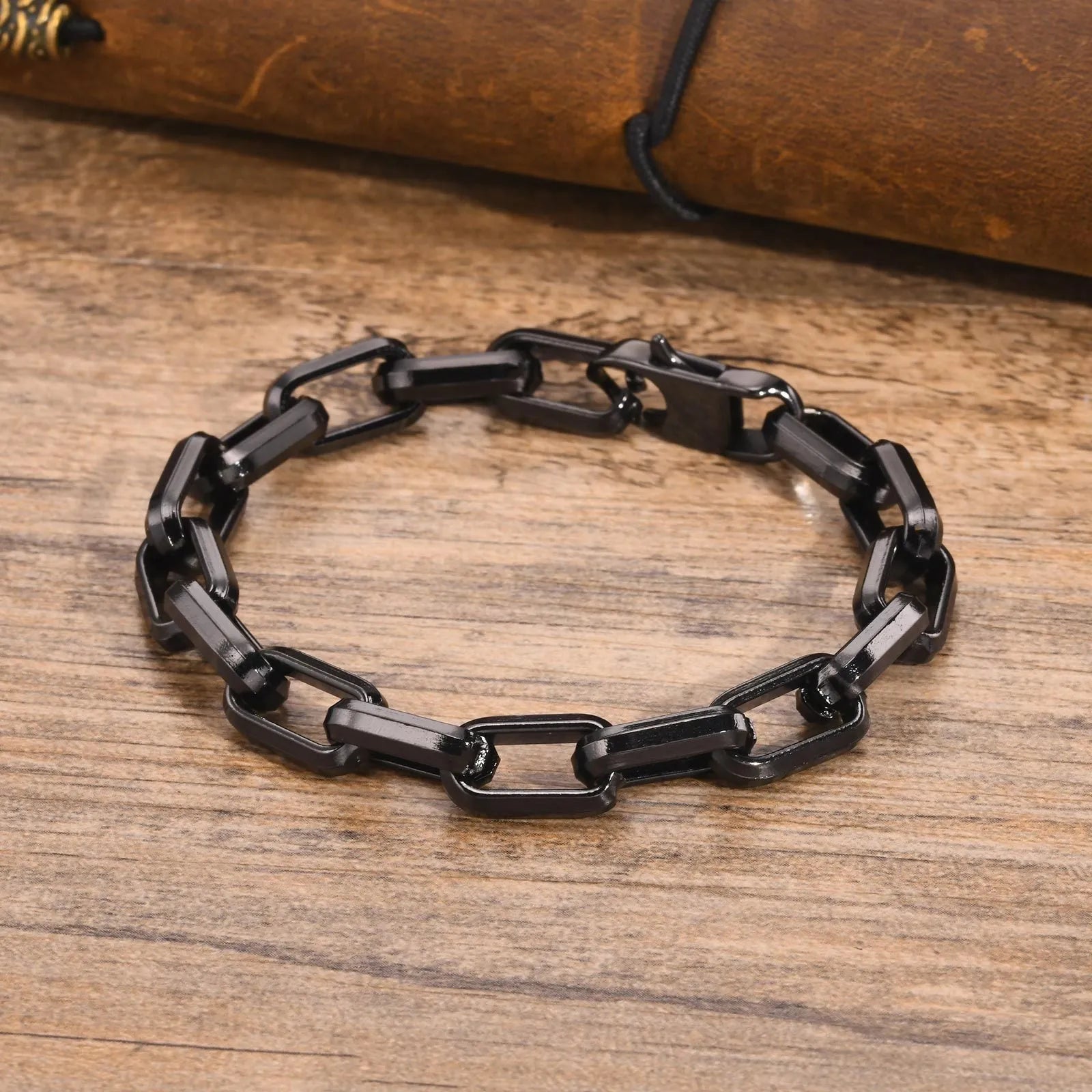 Square chain men's bracelet in titanium steel with electroplated finish showing geometric link design