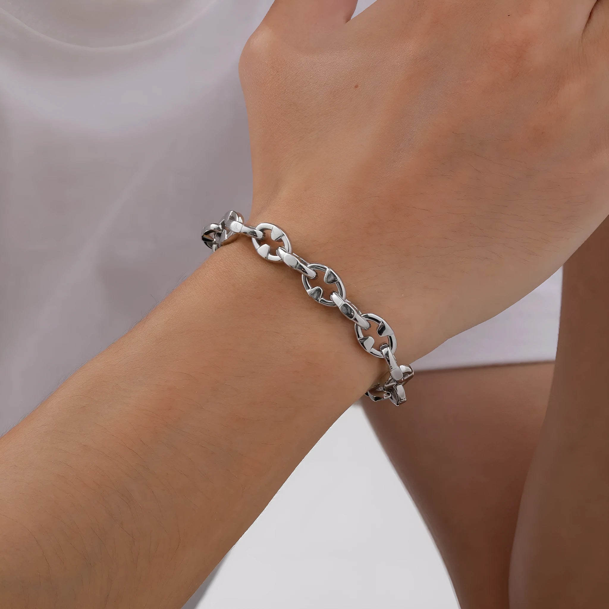 Stainless steel thick chain handmade bracelet in steel colour, geometric men's hip hop jewellery.