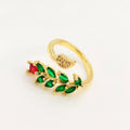 Copper geometric open ring with gold-plated zircon leaf design for women