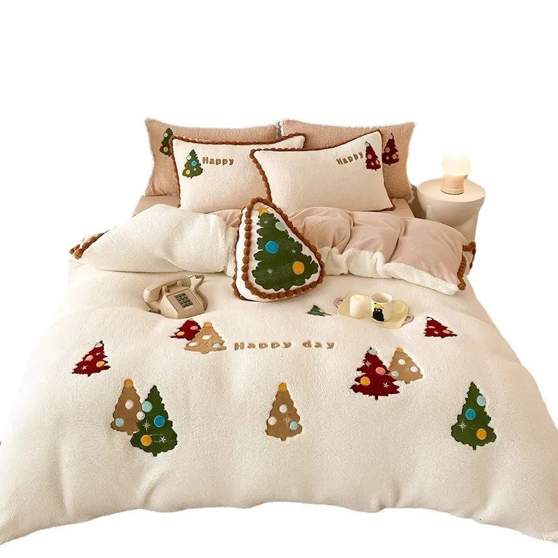 Bright yellow fleece-lined cartoon animation Christmas bedding four-piece set on a bed