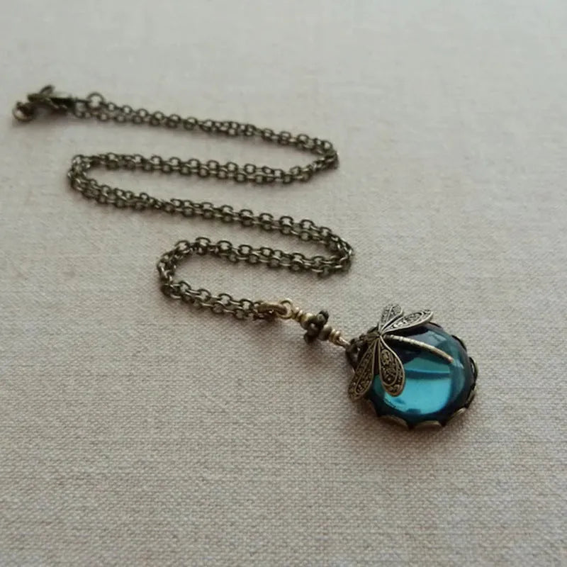 Vintage bronze hand carved dragonfly pendant necklace with 925 silver chain and yellow accents