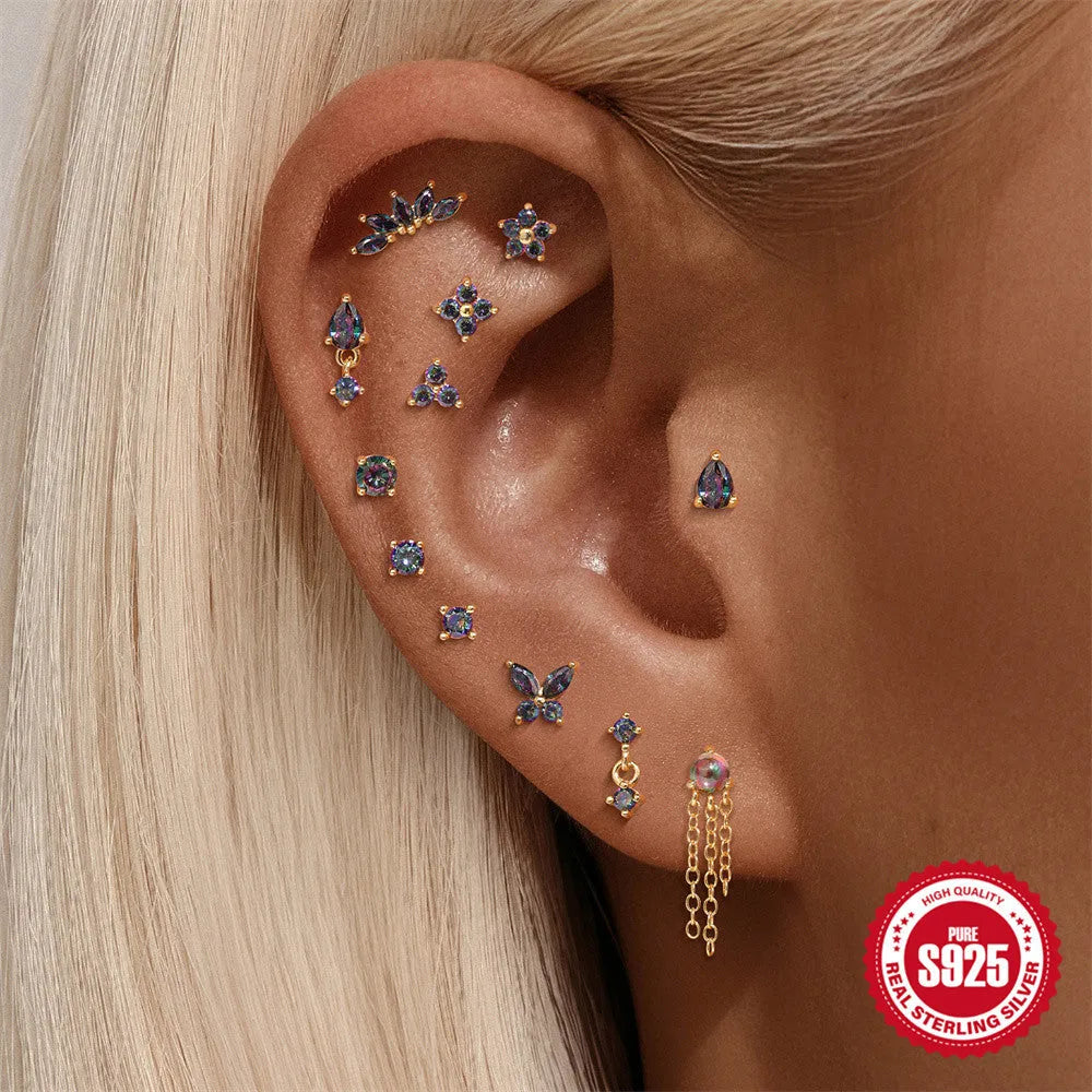 S925 sterling silver flat head thread piercing earring with a rainbow stone in a geometric shape.