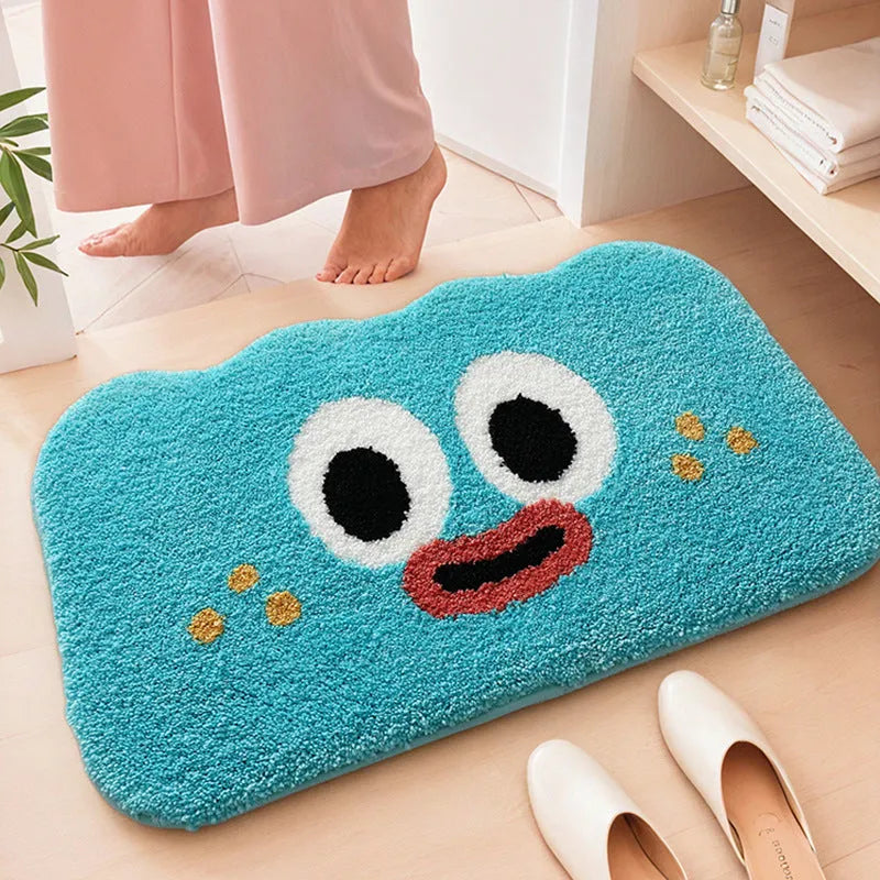 Cartoon anime printed polyester bathroom mat in green, blue, pink, black, or white.