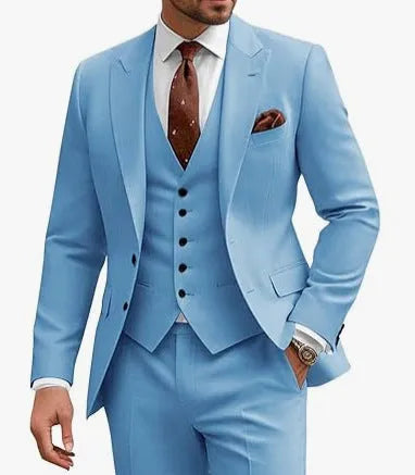 Men's slim fit three-piece suit in chemical fibre blend fabric available in multiple colours with Asian sizing