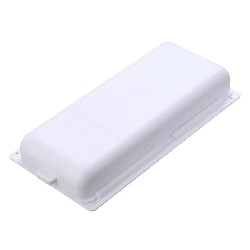 White plastic adhesive under desk storage drawer box with a lid and internal divider grid for organisation.