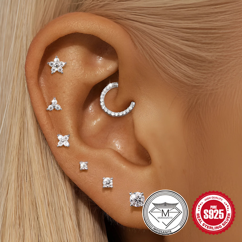 S925 sterling silver geometric stud earrings with petal diamond design, showing triangle and flower shapes.