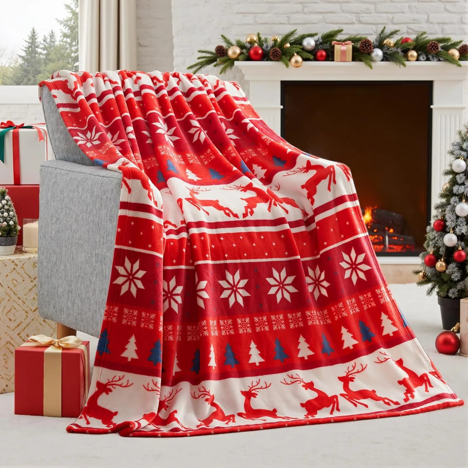 Soft flannel plush Christmas blanket in polyester fibre, showing American style and available in multiple sizes.