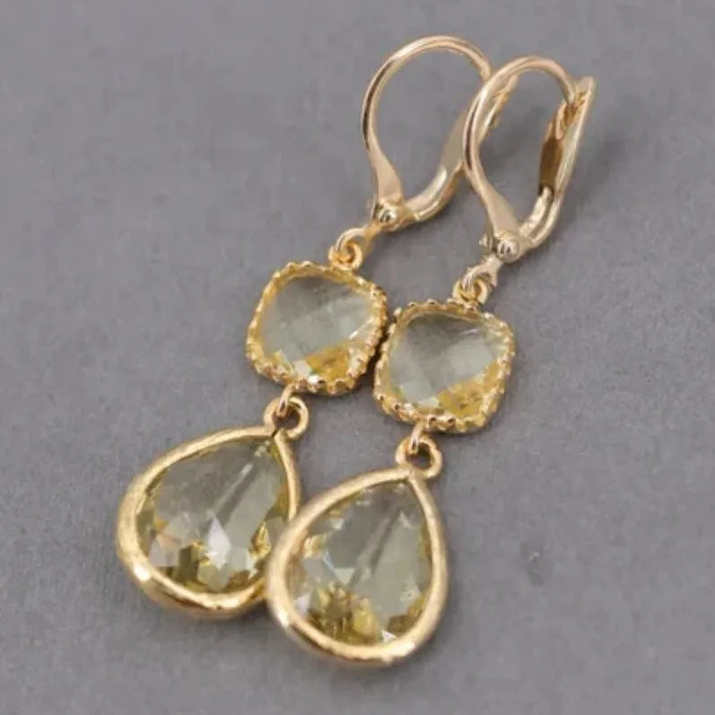 Gold geometric long fringe earrings with crystal water droplets on a retro copper base