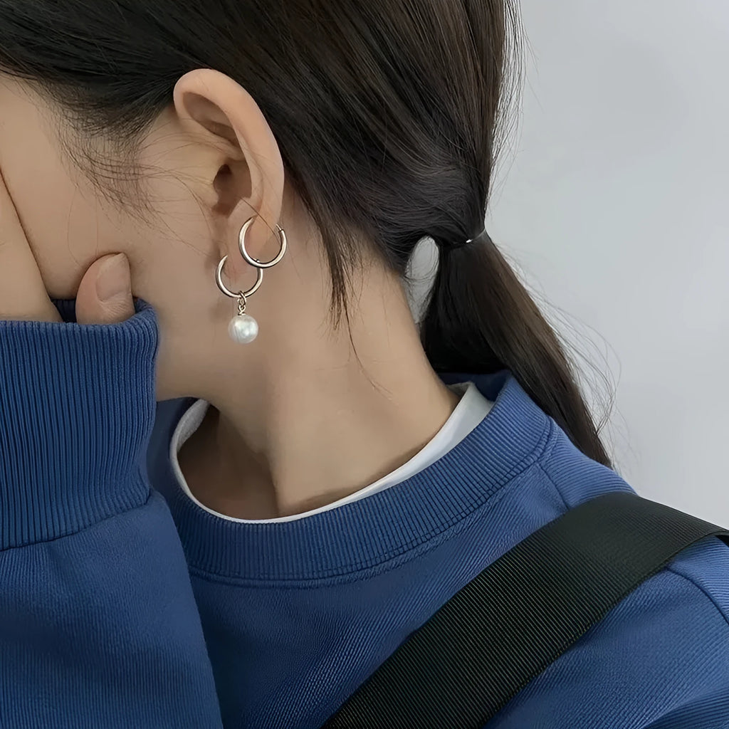 Geometric round pearl earrings with titanium steel alloy construction for women