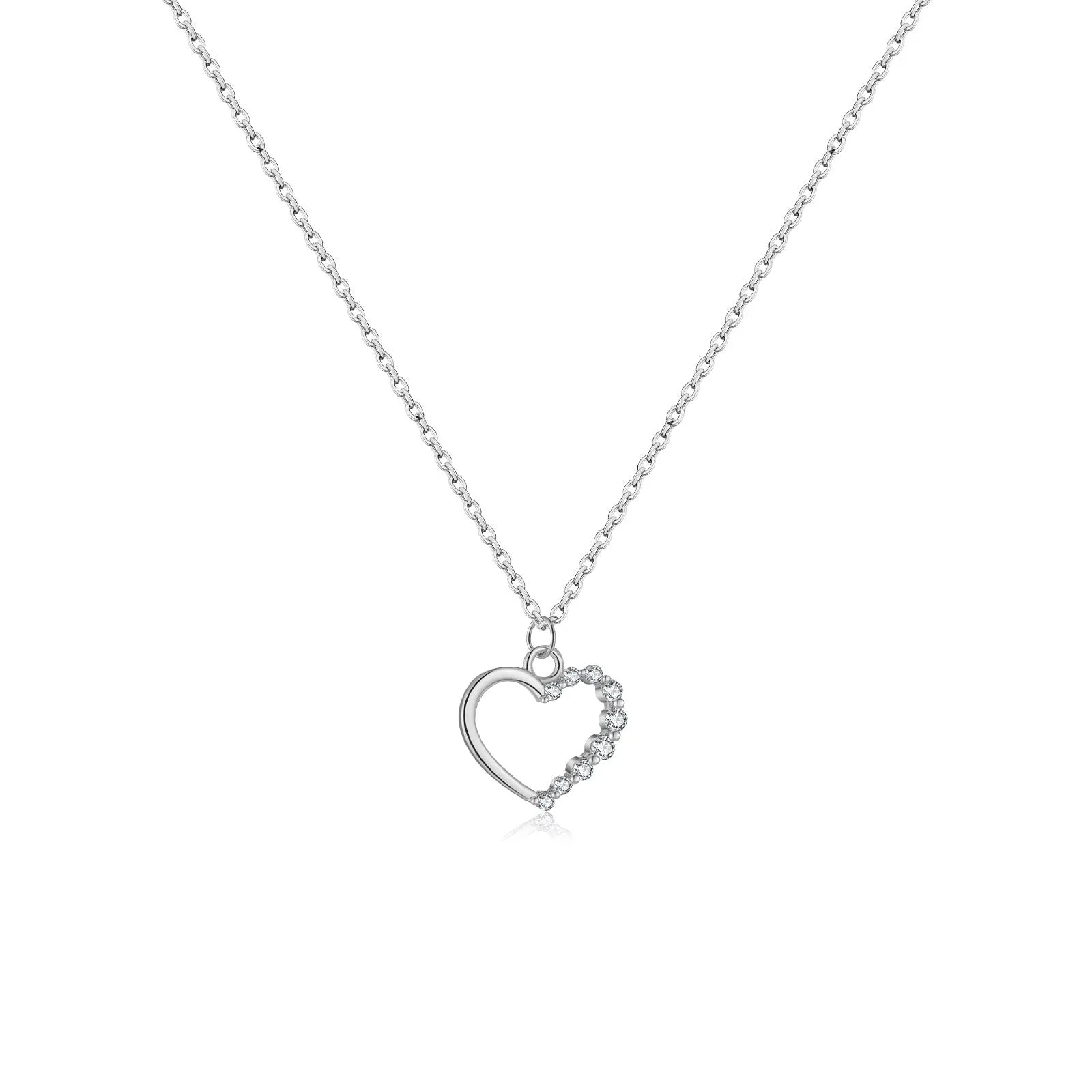 S925 sterling silver hollow heart necklace on a model, showing white gold and 18K gold plated finish options.