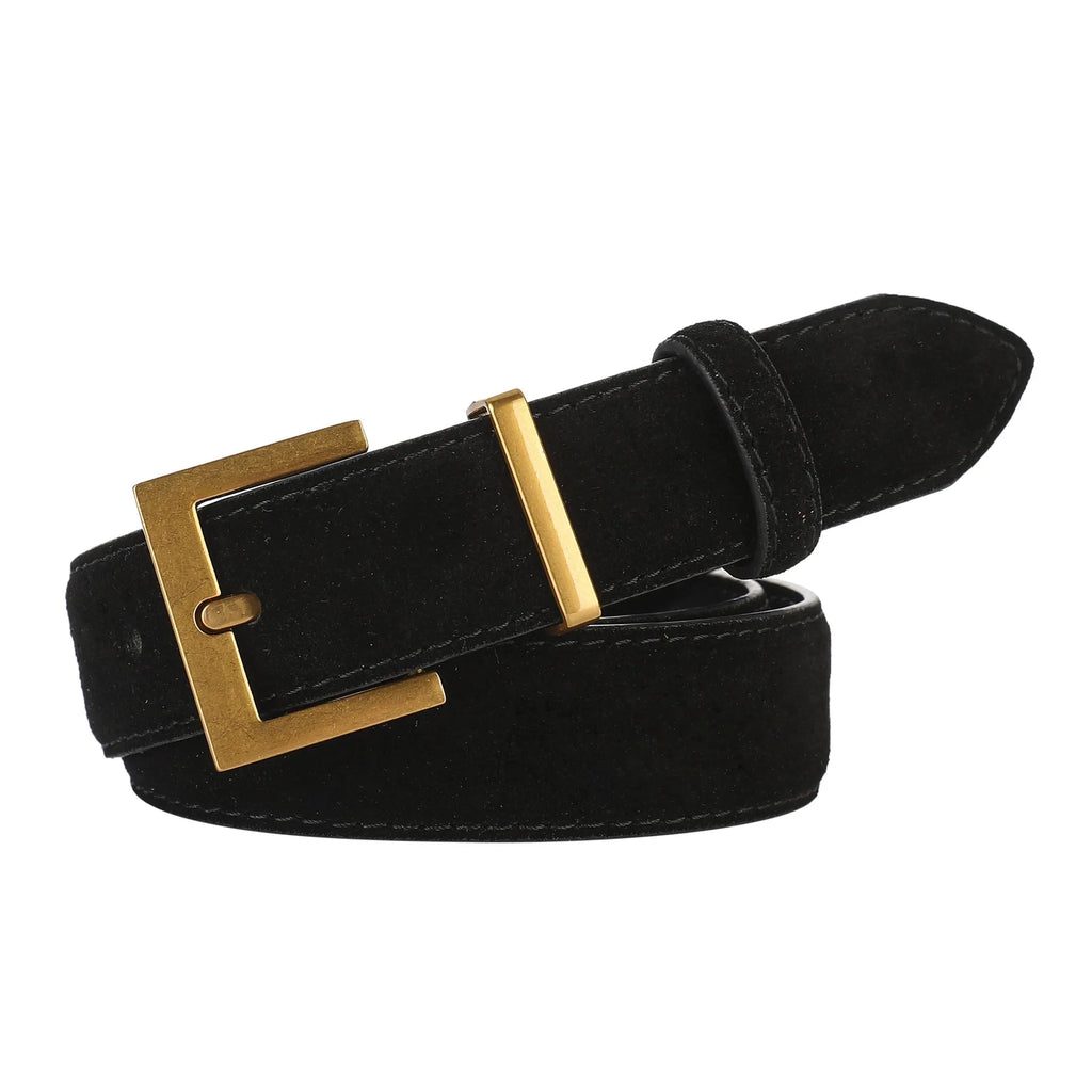 Ladies' black genuine cowhide leather belt with a silver alloy pin buckle on a 100cm length.