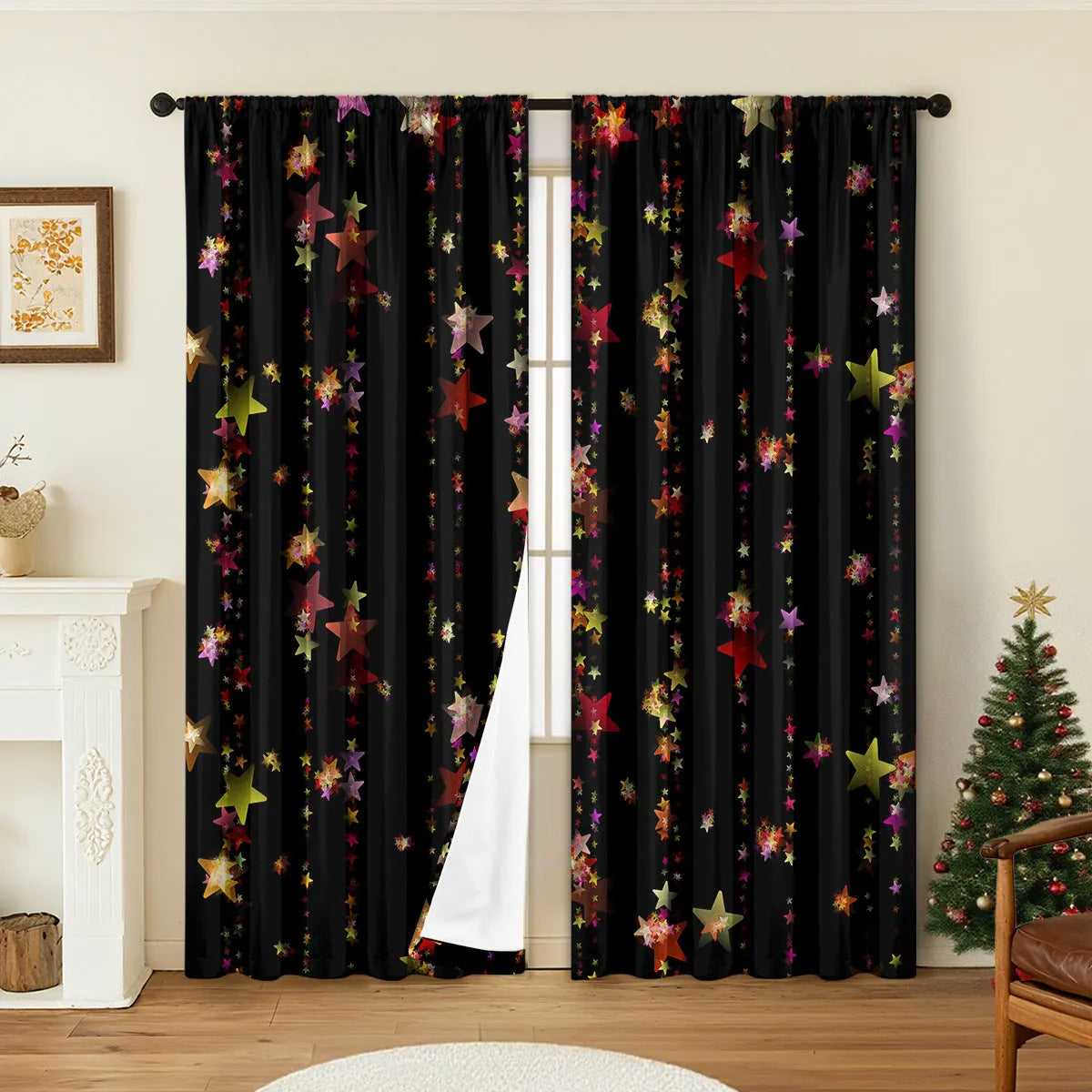 A pair of 3D digitally printed Christmas-themed curtains made from polyester fabric.
